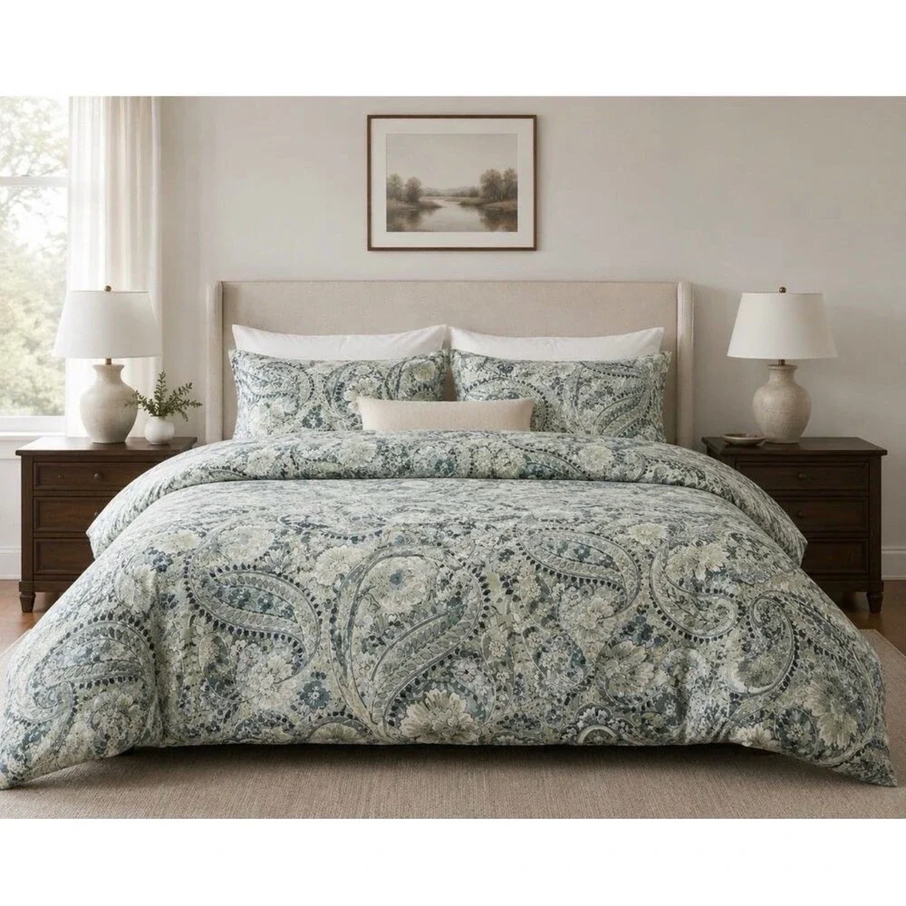 Pottery Barn Full Queen Duvet Cover Blue Green Paisley Floral Organic Cotton